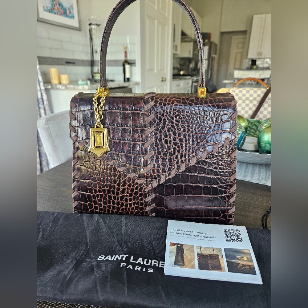 Saint Laurent Brown Croc-Embossed Top Handle Satchel with Gold Hardware